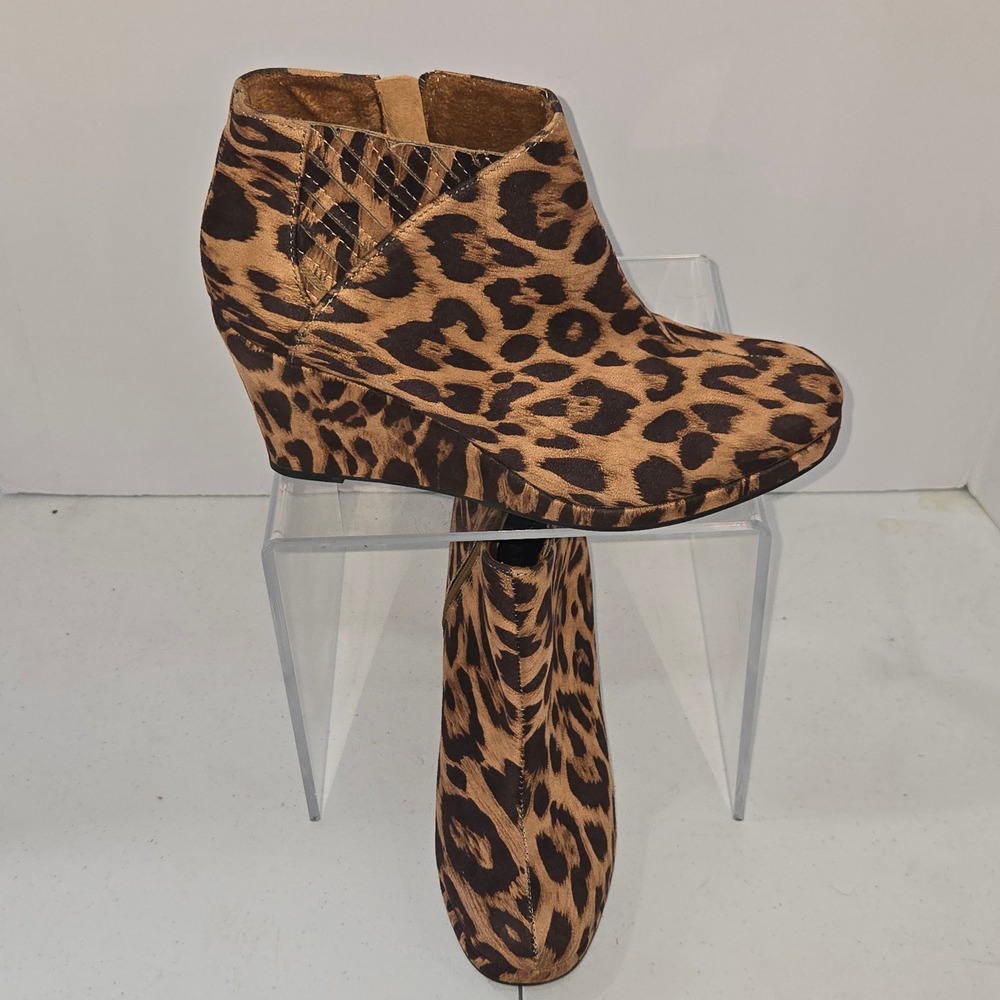 Rampage Julee Leopard Print Wedge Ankle Boots Brown GE3022 Womens 9.5M Booties